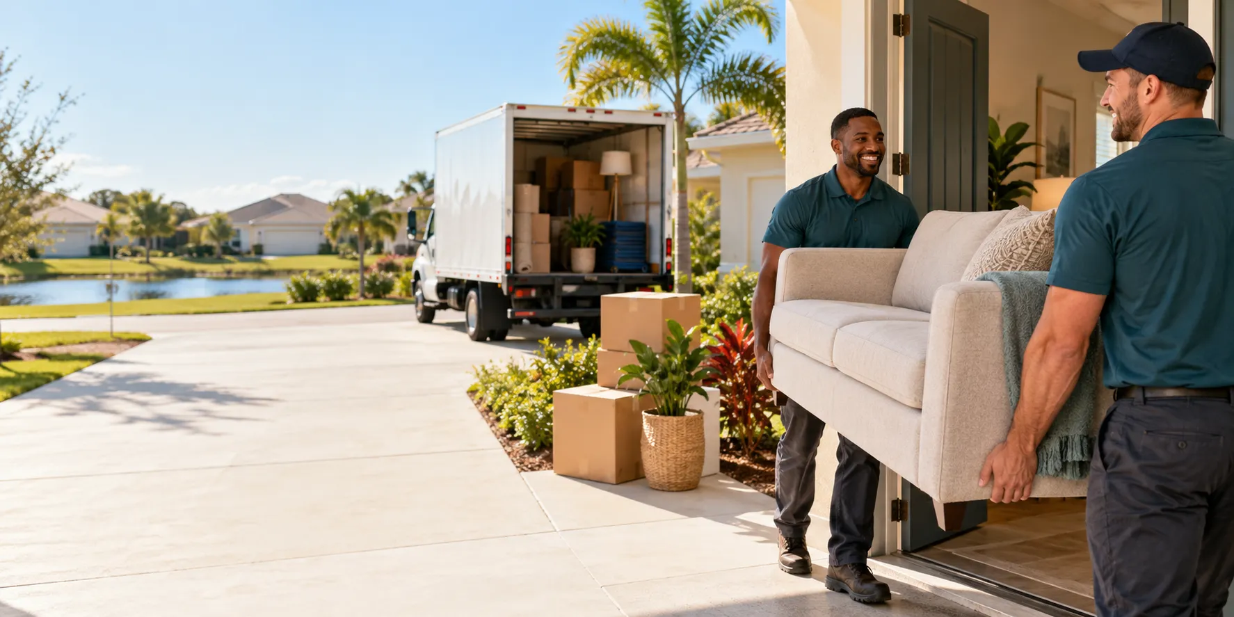 Two cleanout workers carrying a sofa from a Florida home